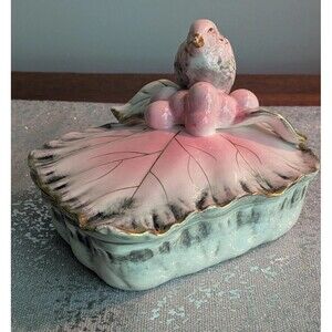 Ucagco Ceramics Japan Antq Vtg Pink Gray Gold Bird Trinket Vanity Cig Box MCM